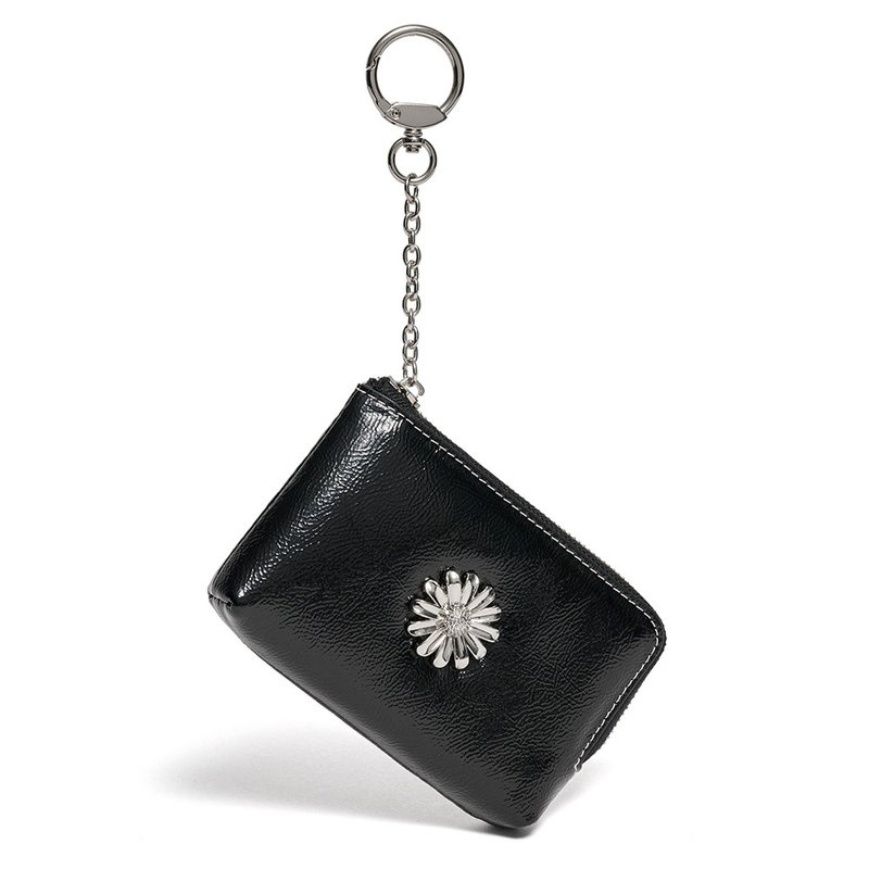 Daisy Keyring Coin Zipper Card Wallet Pouch Black - 錢包/皮夾/長短夾 - 真皮 黑色