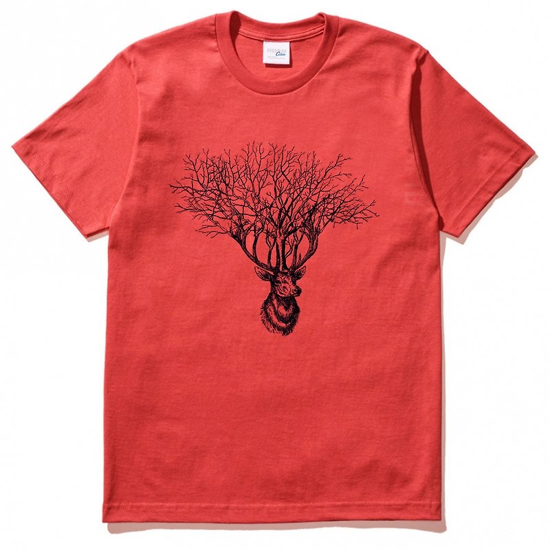 Deer Tree【現貨】短袖T恤 紅色 鹿樹麋鹿設計文青自創品牌動物 - 女上衣/長袖上衣 - 棉．麻 紅色