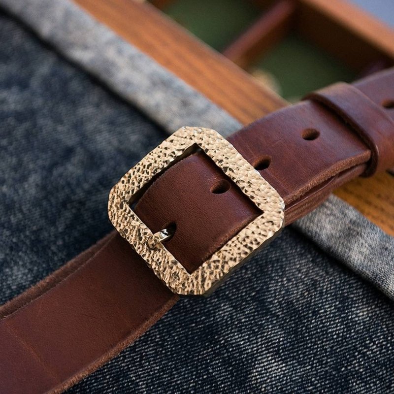 Hand hammered solid brass buckle men's leather belt 3.8 wide waist belt - เข็มขัด - หนังแท้ สีนำ้ตาล