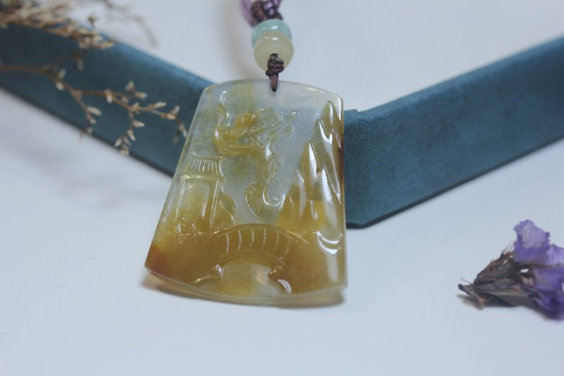 【山水小牌】天然翡翠掛件 吊墜\ 精品小項鏈 素繩吊飾 \ 原創 - 項鍊 - 玉石 卡其色