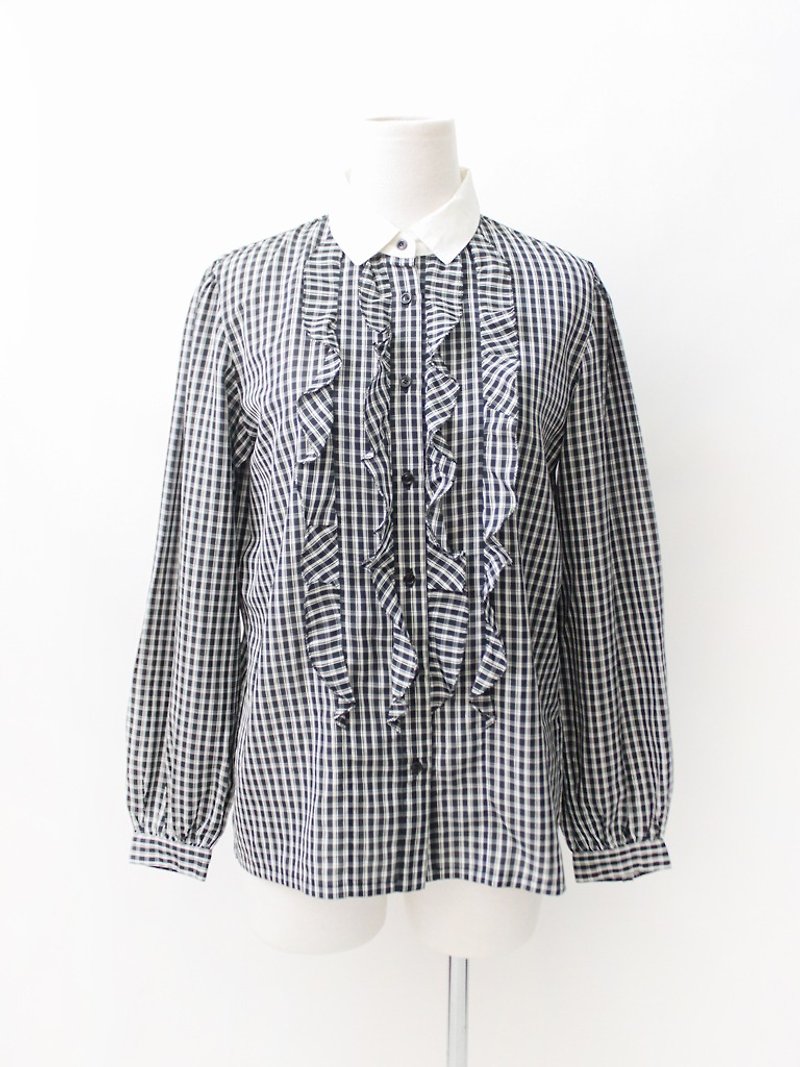 【RE1021T271】 Autumn Japanese system of retro splicing collar black lattice grid ancient shirt - Women's Shirts - Polyester Black