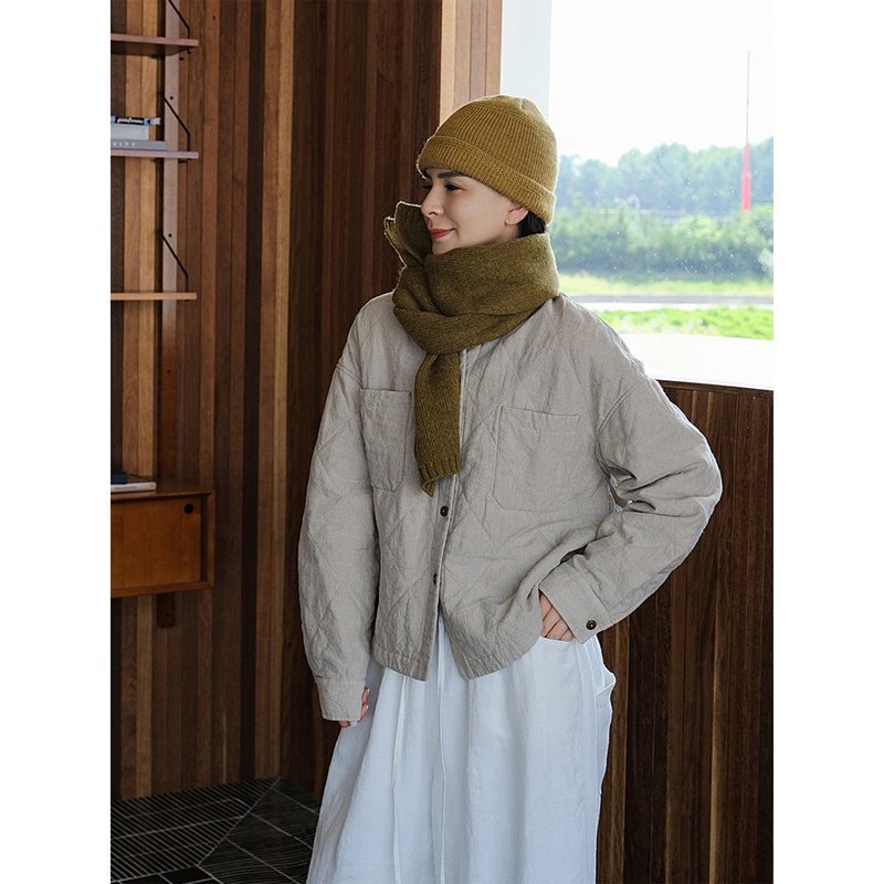 リネン ジーンズブルー 生成麻色 中綿入り 厚手 保温 キルティング コットンジャケット アウター - ジャケット - コットン・麻 