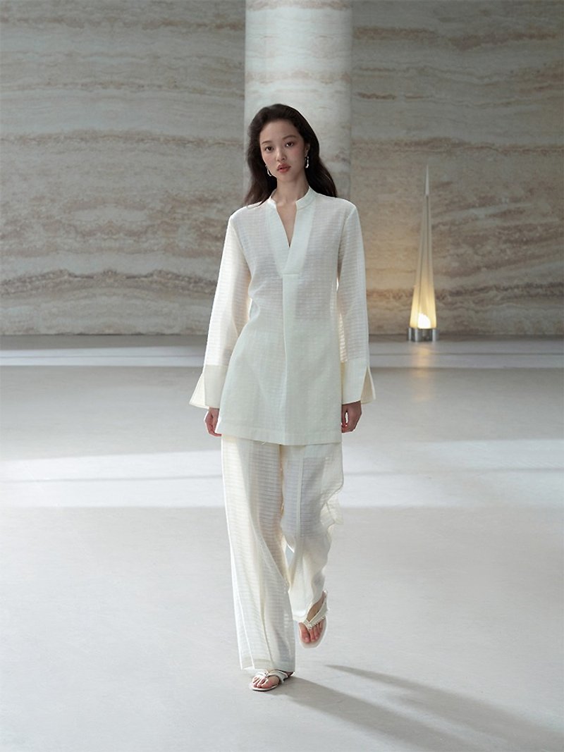 Zen Pāra White Cicada Wing Straight Trousers Shirt Top Set - เสื้อผู้หญิง - วัสดุอื่นๆ ขาว