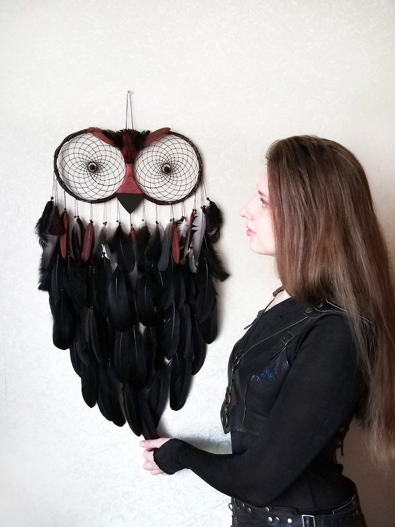 Large black dreamcatcher, Owl dream catcher, Owl ornament, Bedroom wall hanging - ตกแต่งผนัง - ไม้ สีดำ