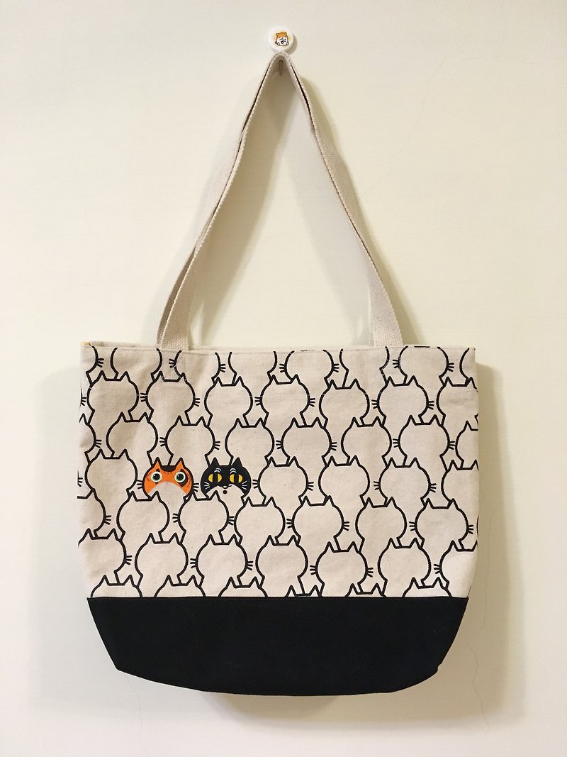 Miaoshan Miaohai Tote Bag-Zipper Style ~ Hand Touch Screen Printing Series - Handbags & Totes - Cotton & Hemp White