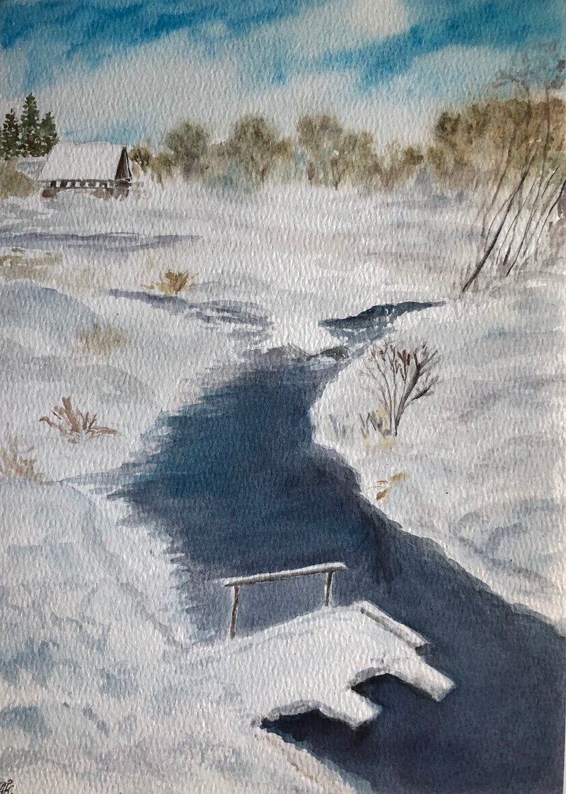 Winter village original watercolour painting wall art kitchen kitchen cabinets - 壁貼/牆壁裝飾 - 紙 白色