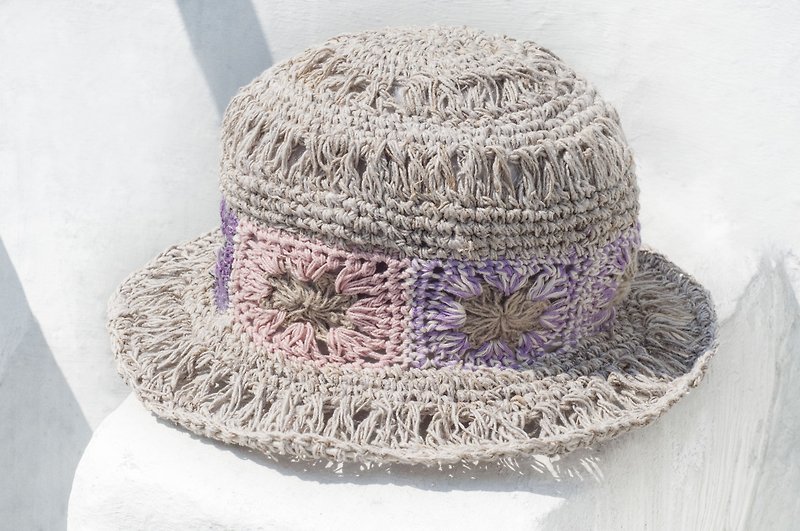 かぎ針編みの綿の帽子手編みの帽子漁師の帽子バイザー麦わら帽子麦わら帽子-薄紫の花織り - 帽子 - コットン・麻 パープル