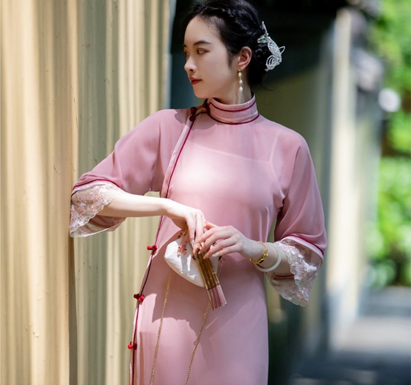 Fuhua Shiyue New Chinese Retro Inverted Large Sleeves Tube Collar Young Ancient Cheongsam - Qipao - Polyester Pink