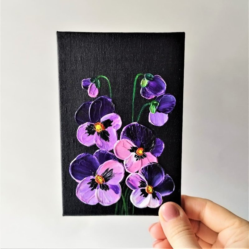 Small wall decor Purple flower painting canvas Painting pansies acrylic texture - 壁貼/牆壁裝飾 - 壓克力 紫色