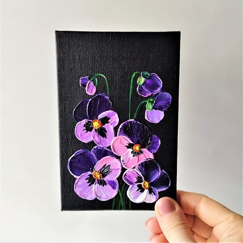 Artpainting Small wall decor Purple flower painting canvas Painting pansies acrylic texture