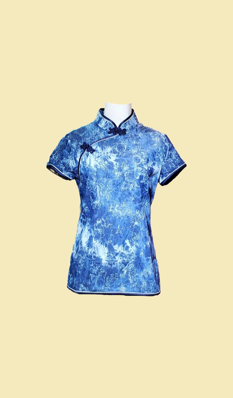 Vintage Qipao Cheongsam Retail Dress Denim Qipao Top - Women's Tops - Cotton & Hemp Blue