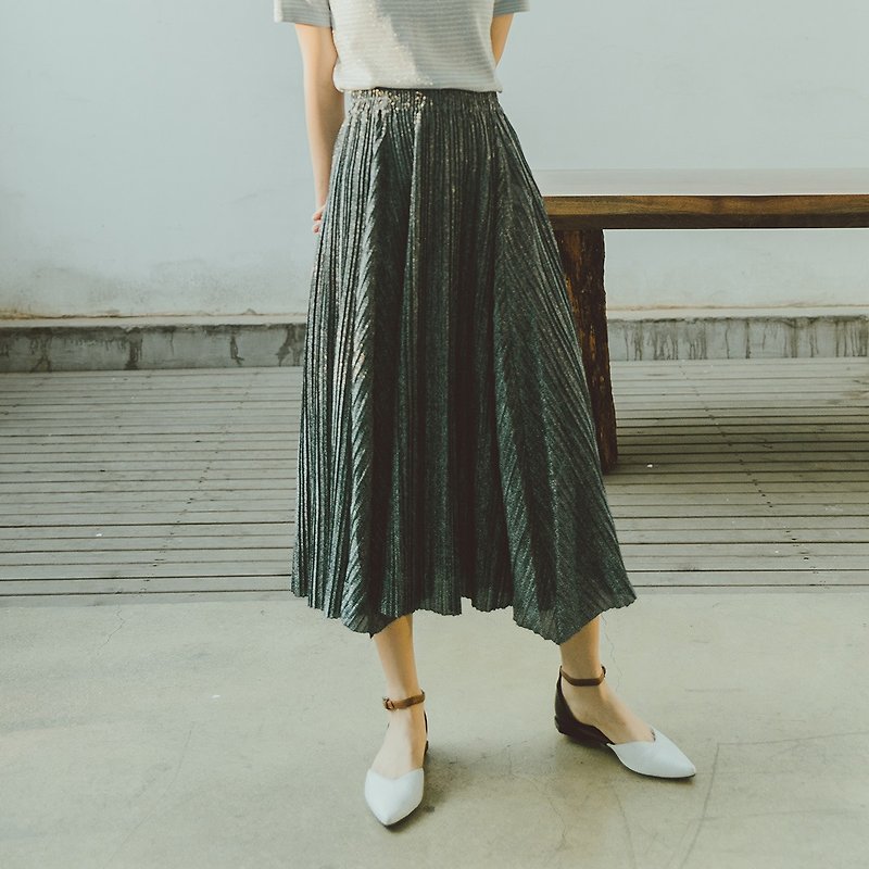Anne Chen 2018 summer new style literary women's elastic waist striped skirt - กระโปรง - ไนลอน สีเทา