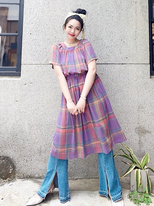河水山 小春日和淺淺粉紫格紋透膚 長裙洋裝連身裙古著ドレスDress