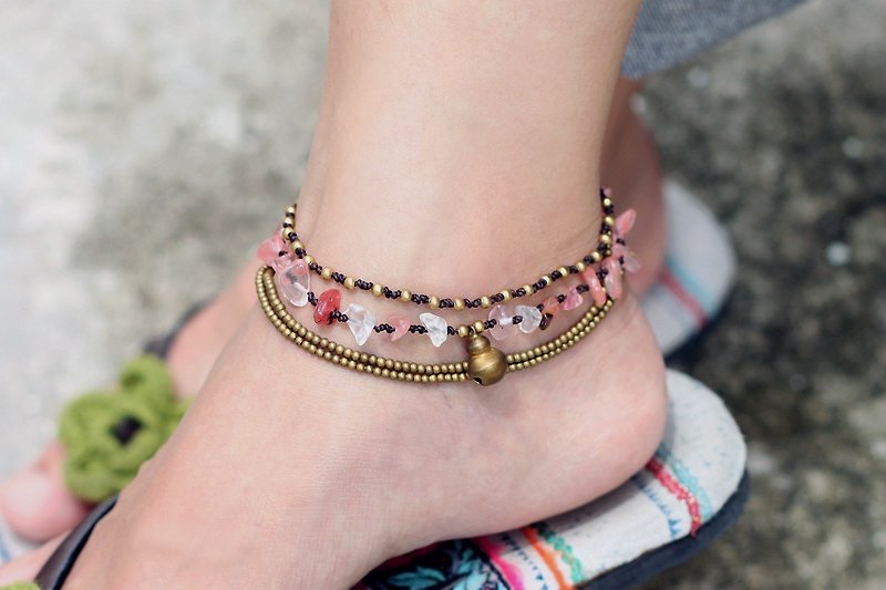 Rose Quartz Anklets Layer Chain Brass Romantic Boho Love Gift - Anklets & Ankle Bracelets - Copper & Brass Pink