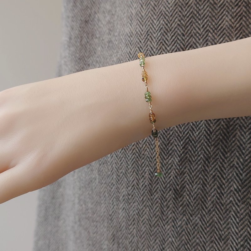 現貨特惠 - 綠黃棕色系 碧璽切面車輪珠 14Kgf 包金手鍊 秋冬復古 - 手鍊/手環 - 寶石 多色