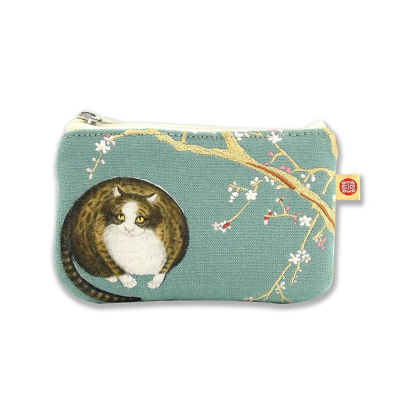Coin Purse-Cat and Red Plum Blossoms (Green) - Coin Purses - Cotton & Hemp 