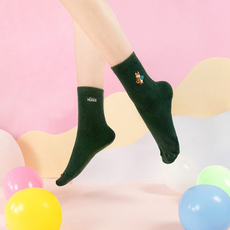 [Earth Fat Orange Cat] Embroidered Socks I Taiwan Original Design Socks / Z0009 - Socks - Cotton & Hemp Green