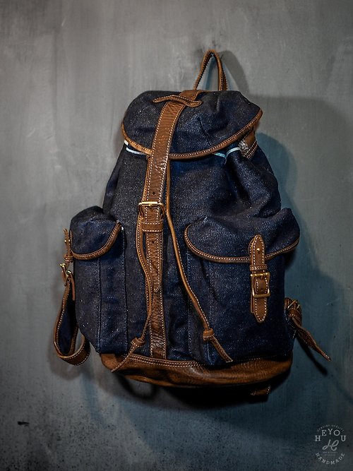 HEYOU Art&Craft Department Distressed Canvas Leather Backpack 復古後背包- 靛藍深咖