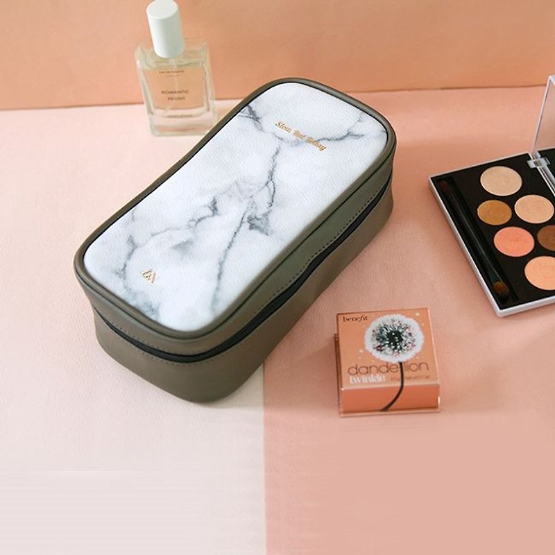 Second Mansion Natural Element Leather Travel Makeup Bag -03 White Marble, PLD68134 - Pencil Cases - Genuine Leather White