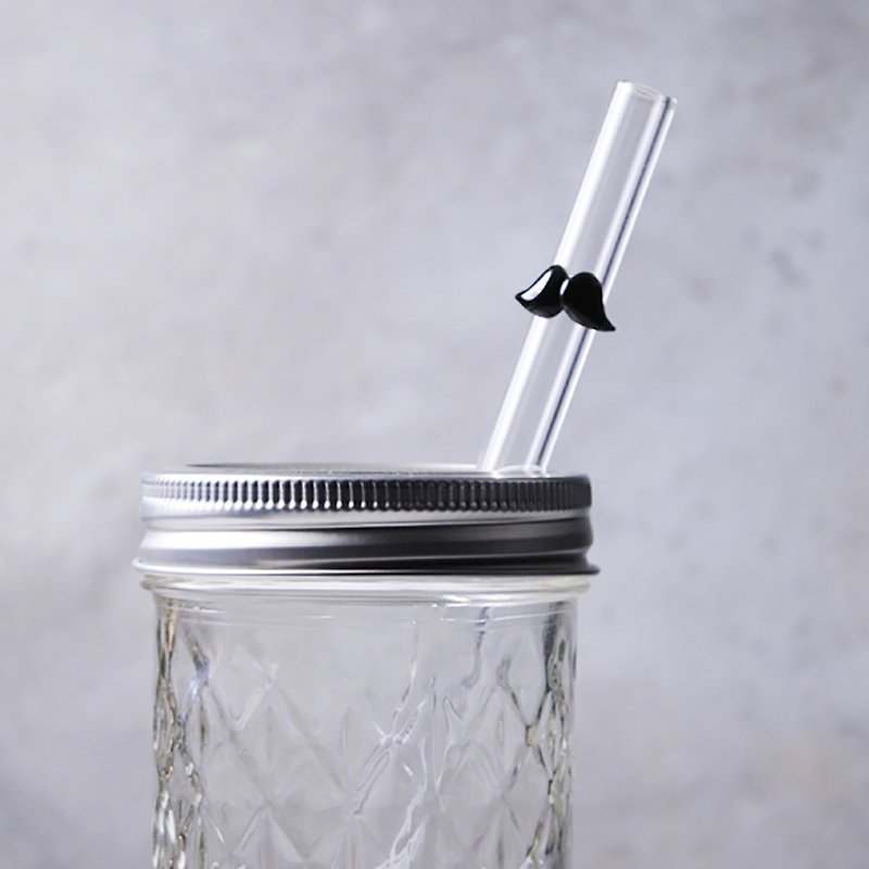 20cm mustache (caliber 1cm) flat-mouth smoothie special environmental glass straw (with cleaning brush) - หลอดดูดน้ำ - แก้ว สีดำ