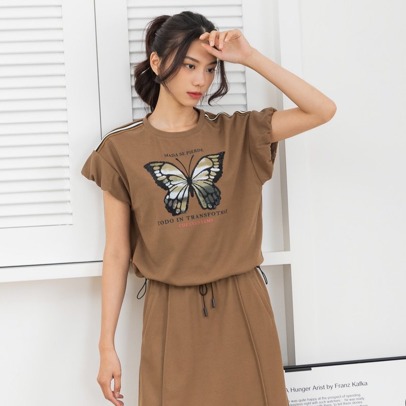 【MEDUSA】蝴蝶抽繩泡泡袖上衣(M-XL) | 女短袖上衣 休閒上衣 - 女 T 恤 - 棉．麻 咖啡色