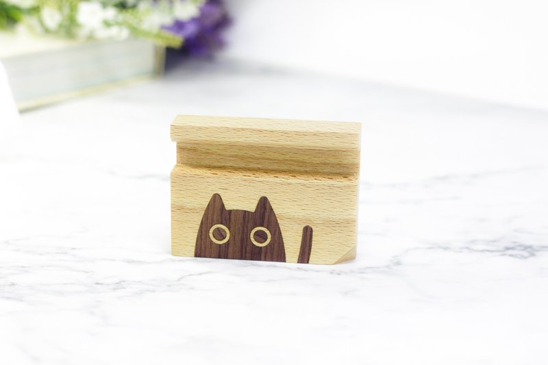 Mini Cat Wood Inlay Phone Stand,Desk Cell Phone Holder,Animal Decor,Wooden Phone - Phone Stands & Dust Plugs - Wood Orange