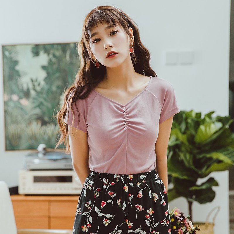 Anne Chen 2018 summer new solid color round neck chest small pleated T-shirt - Women's T-Shirts - Other Materials Pink