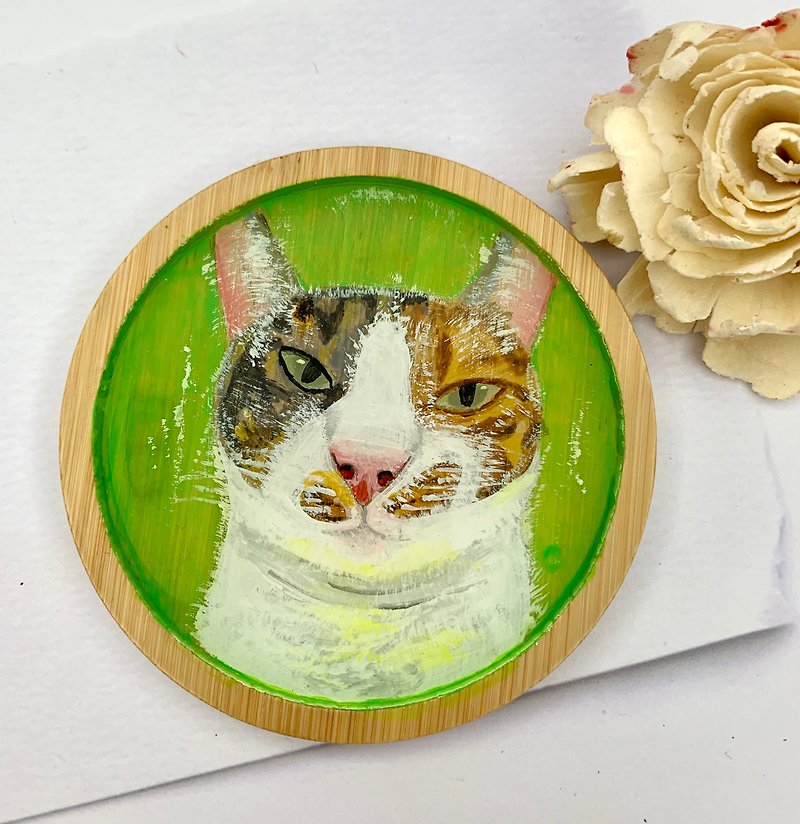 Customized pet coaster diameter 9.5cm handmade oil portrait - Customized Portraits - Wood 