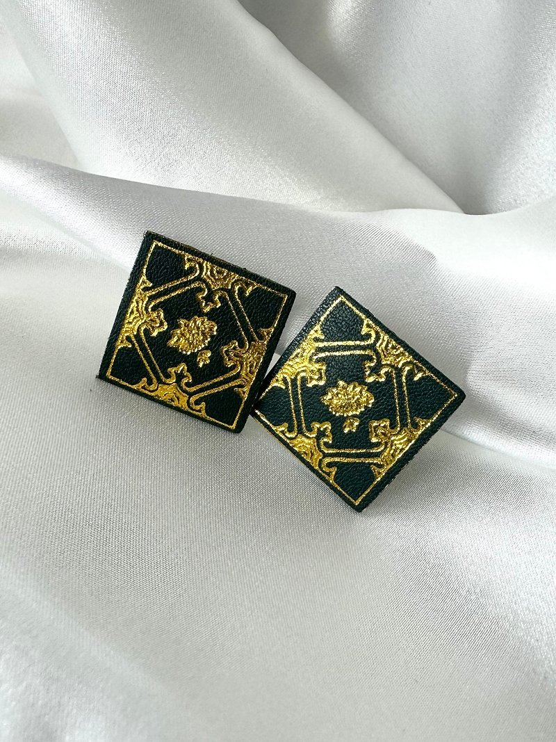 Peranakan Tile Lotus Flower Studs - Purity - Earrings & Clip-ons - Genuine Leather Green