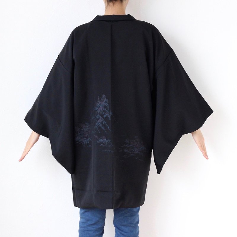 glitter landscape kimono, kimono sleeve, kimono jacket, vintage haori /3661 - เสื้อแจ็คเก็ต - เส้นใยสังเคราะห์ สีดำ