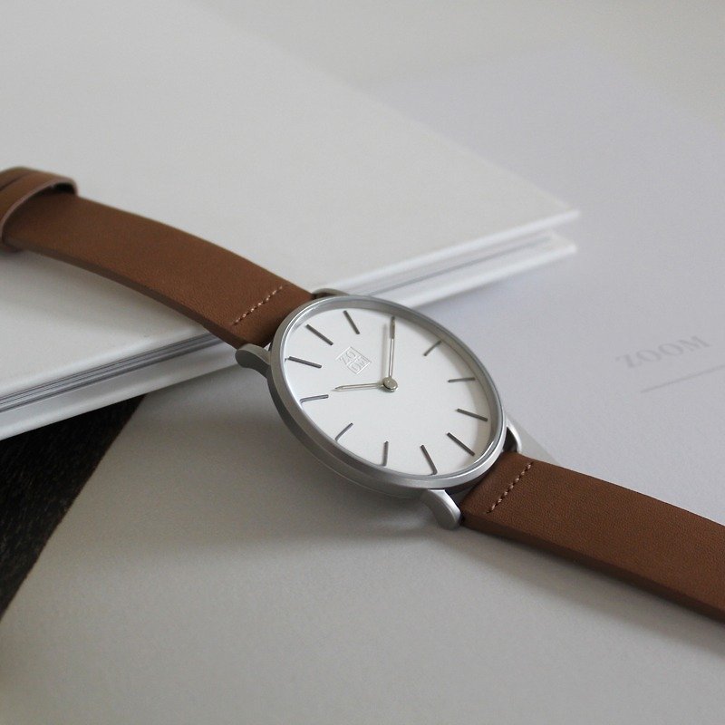 THIN 5010 極簡超薄真皮皮革手錶 - 銀白 - 對錶/情侶錶 - 真皮 銀色