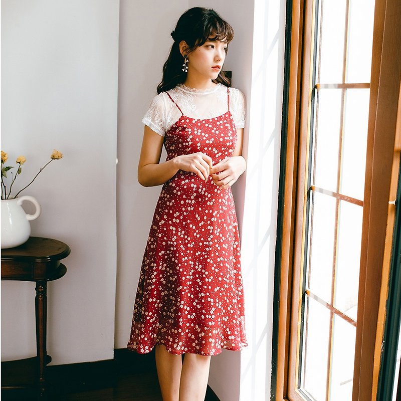 【春款特惠】2019女裝春季穿搭 印花吊帶短款連身裙洋裝  YGX9238 - 洋裝/連身裙 - 其他材質 紅色