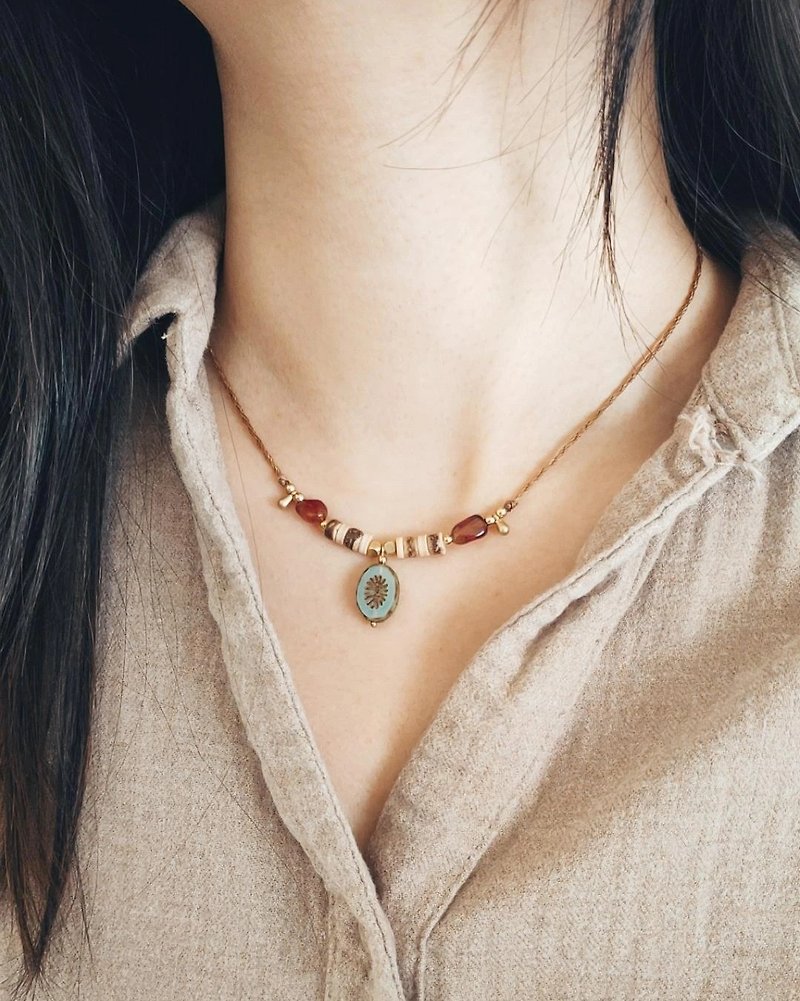 [Can be customized] Maillard Orange Stone Necklace Bronze Natural Stone Czech Beads Retro Long Chain - สร้อยคอ - ทองแดงทองเหลือง สีนำ้ตาล