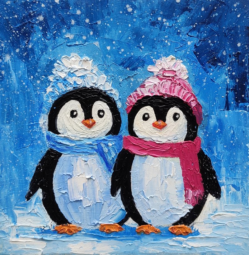 Two Penguins Painting Original Bird Wall Art Animal Small Artwork,手工油畫 油畫原作 - Posters - Other Materials Multicolor