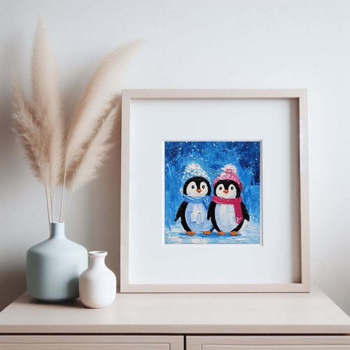 Two Penguins Painting Original Bird Wall Art Animal Small