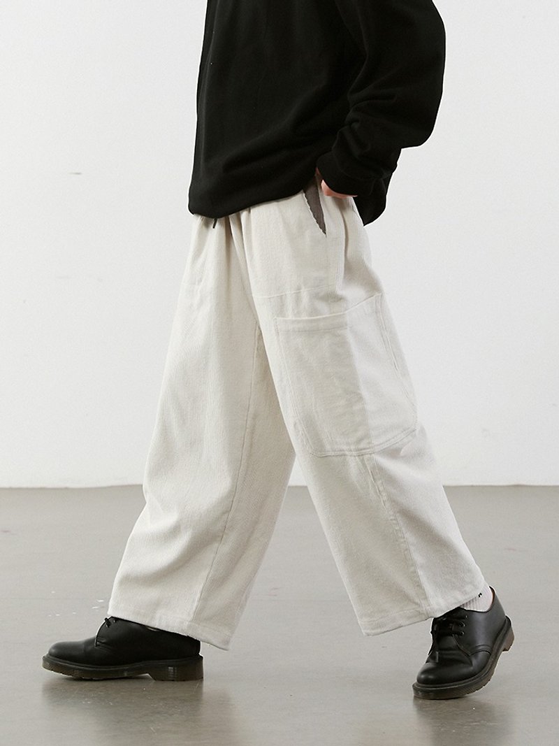 Off-white 2-color corduroy basic tooling drawstring straight trousers neutral casual simple wide pants M-2XL - กางเกงขายาว - ผ้าฝ้าย/ผ้าลินิน ขาว