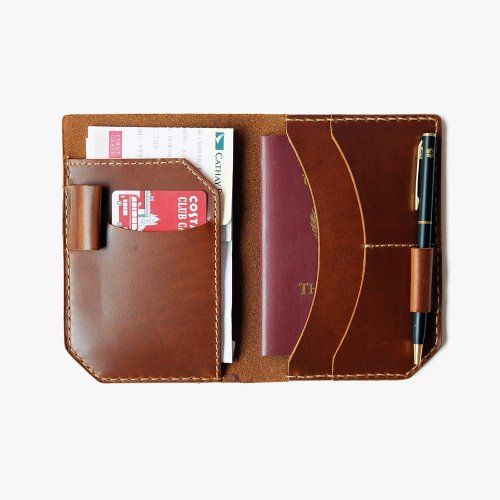 Leather Hand-Stitching Passport Holder and Case with pen