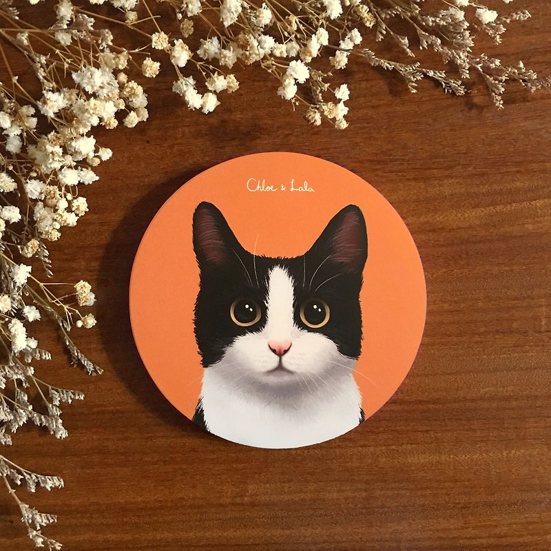 Wangmiao ceramic absorbent coaster - black and white cat Mercedes cat - Coasters - Pottery Orange