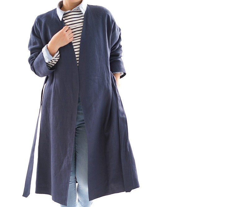 linen / warm linen / linen coat / outerwear / drop shoulder / gown / b22-27 - เสื้อแจ็คเก็ต - ผ้าฝ้าย/ผ้าลินิน สีน้ำเงิน