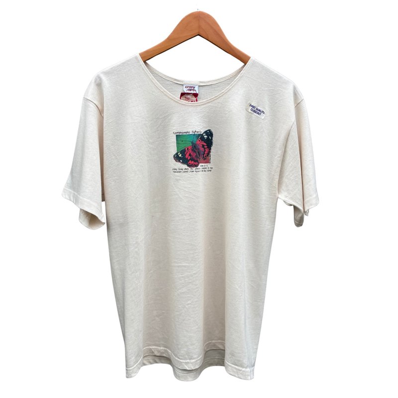 Vintage 90s Crazy Shirts Hawaii Kamehameha Butterfly T-Shirt M Deadstock - 男 T 恤 - 棉．麻 白色