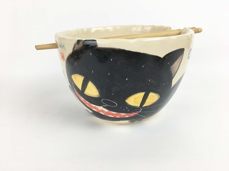 Nice Little Clay handmade bowl _ full black cat 0201-11 - Bowls - Pottery White