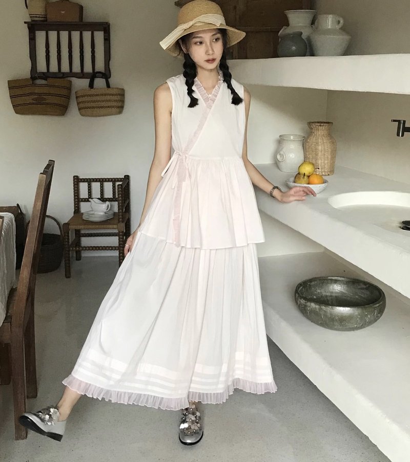法式復古 紙感棉花邊上衣 半裙套裝 可客製 - 洋裝/連身裙 - 其他材質 多色
