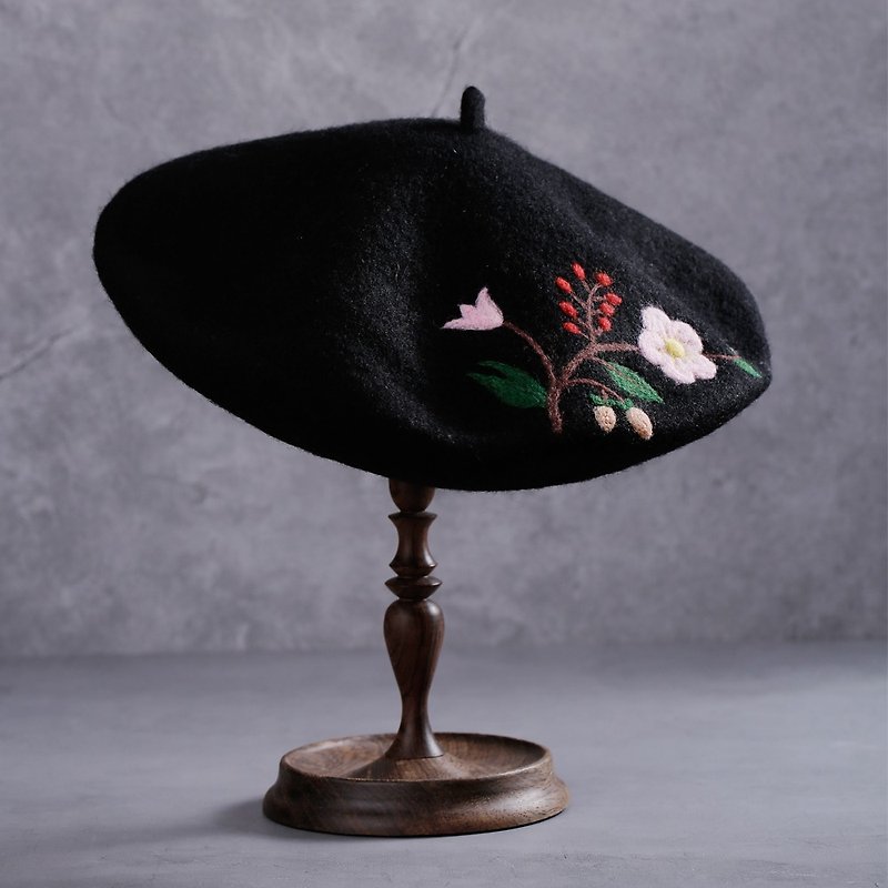 軻人原創設計手工羊毛氈製作花貝雷帽畫家帽女士帽蓓蕾帽 - 帽子 - 羊毛 黑色