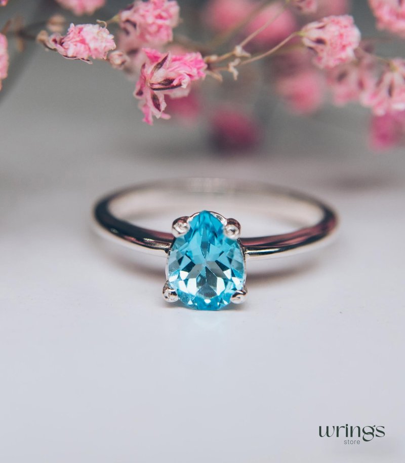 Large Swiss Blue Topaz Silver Solitaire Engagement Ring Pear Cut Custom Stone - แหวนทั่วไป - เงินแท้ สีน้ำเงิน