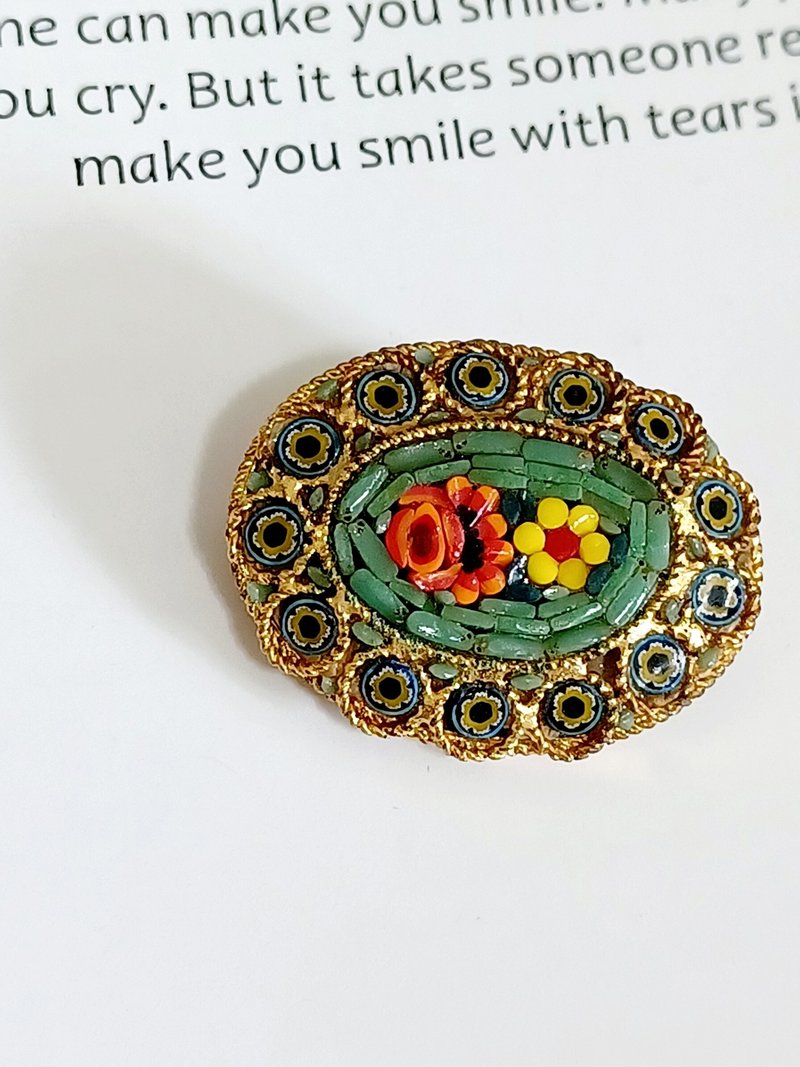 vintage jewelry ITALY 微型馬賽克 花邊湖綠底色花卉 別針 胸針 - 胸針 - 其他金屬 