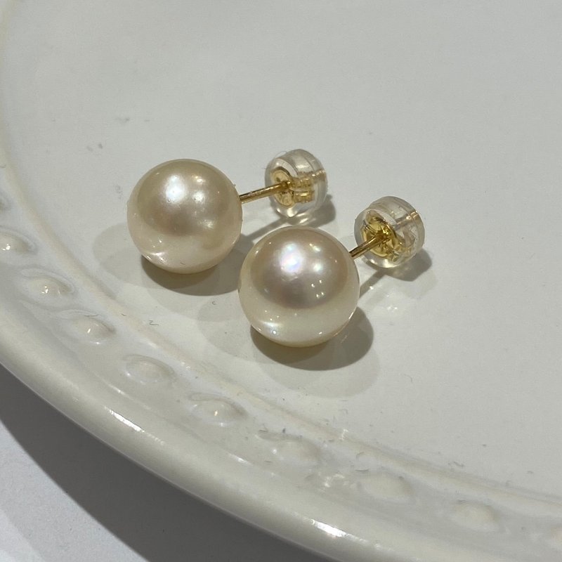 18K gold 9.5mm Genuine Akoya pearl 18KP June birthstone SOLID GOLD - ต่างหู - โลหะ ขาว