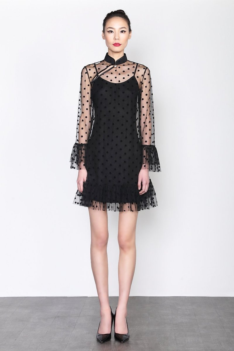 BLACK DOTTED MESH QUARTER SLEEVES DRESS WITH RUFFLED CUFF AND HEM - One Piece Dresses - Polyester Black