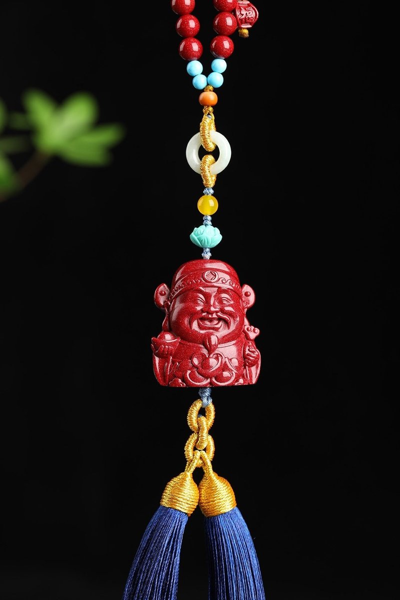 Natural cinnabar fine purple gold sand God of Wealth car hanging universal hanging content up to 95% or more - Keychains - Gemstone 