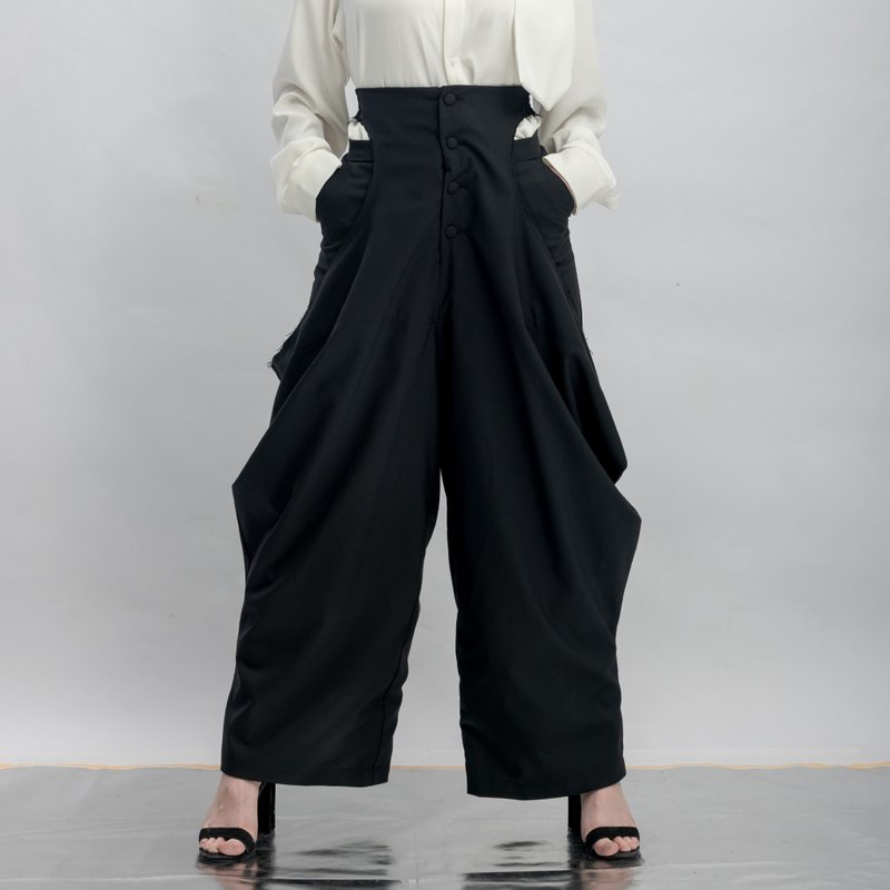 INF 假兩件腰鏤空垂墜印花寬褲 / 黑 - 女長褲 - 聚酯纖維 黑色