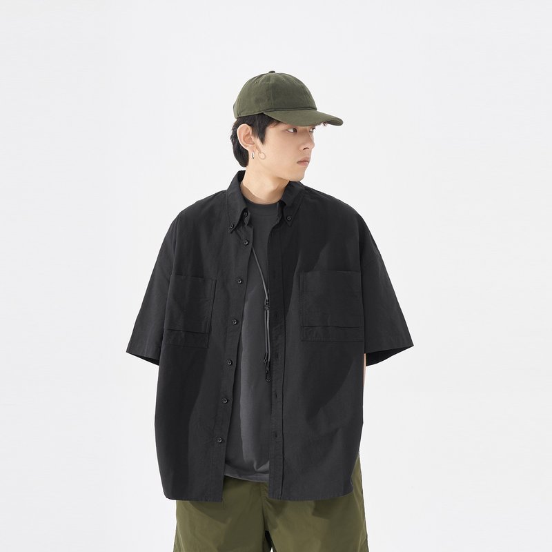 TopBasics 日系雙口袋短袖襯衫 - 男襯衫/休閒襯衫 - 棉．麻 黑色